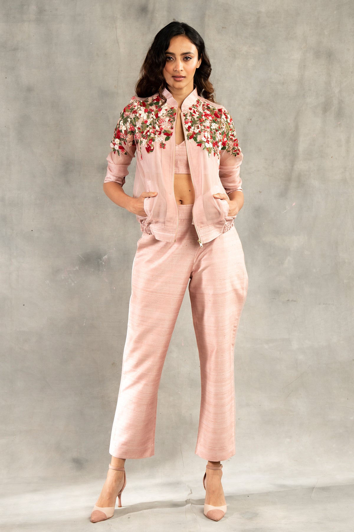 Old rose floral embroidered bomber jacket and pants set