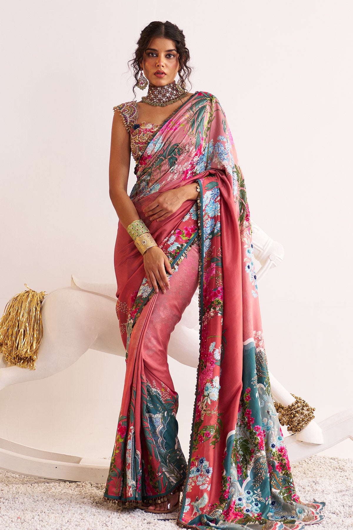 Rust and teal scenery saree