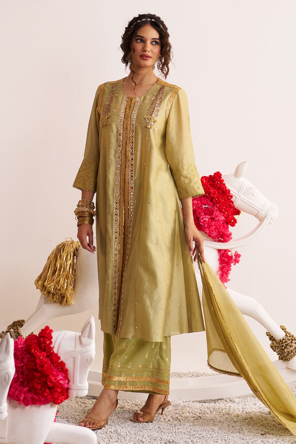 Front open chinar jaal kurta set