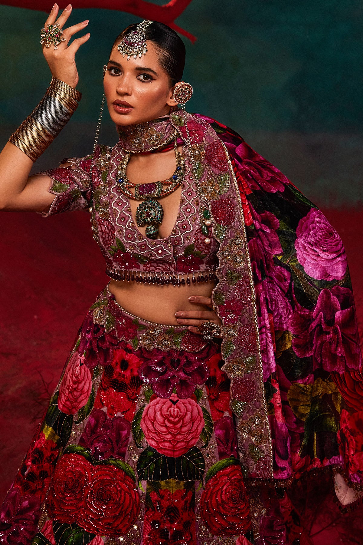 Heavily Embellished Red Velvet Lehenga Choli #BN849