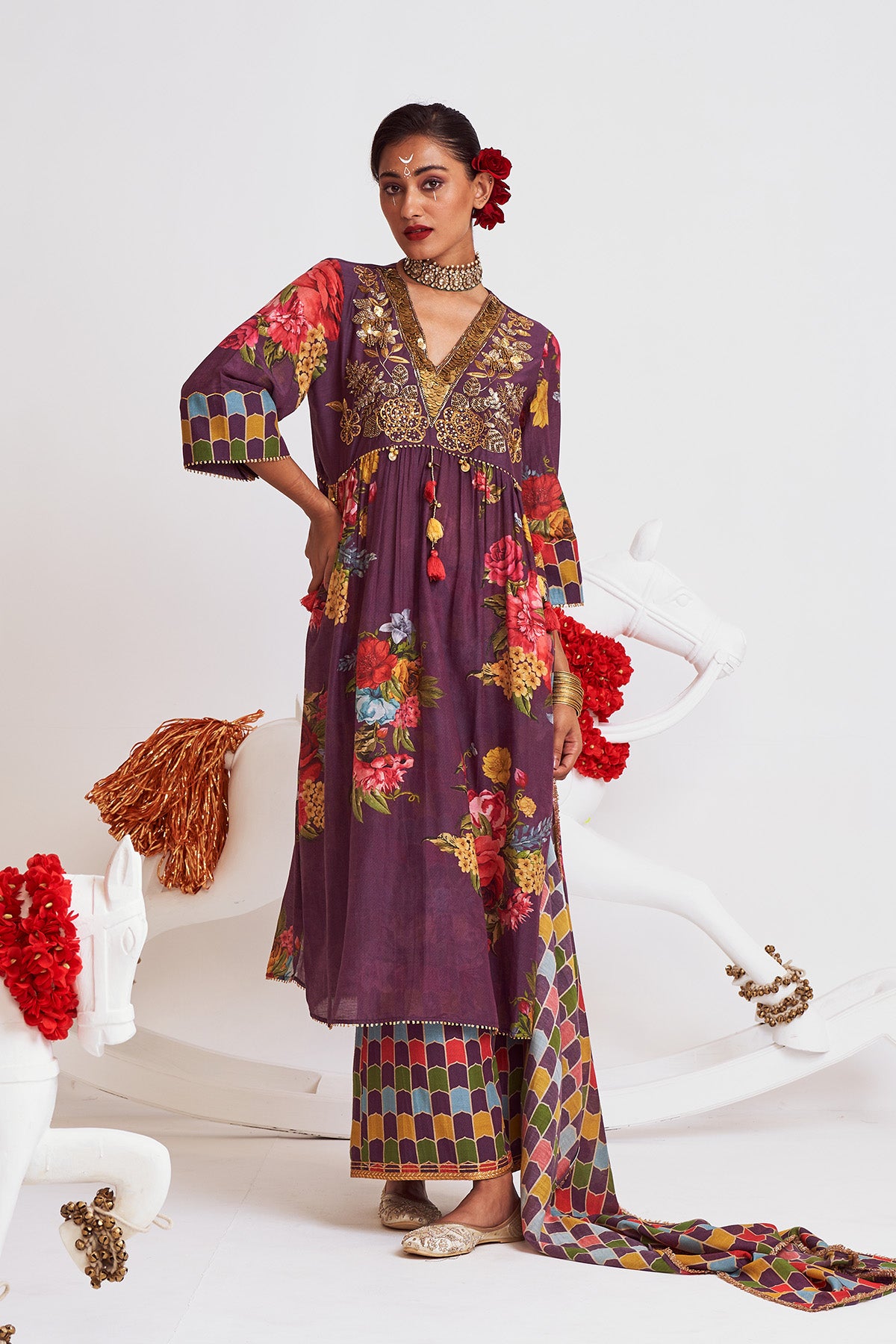 V neck embroidered kurta set