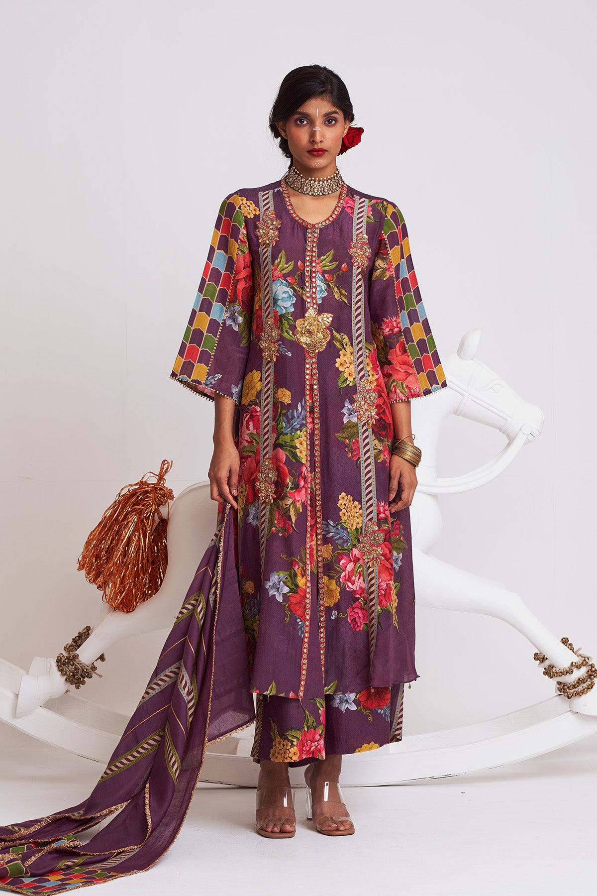 Floral stripe kurta set