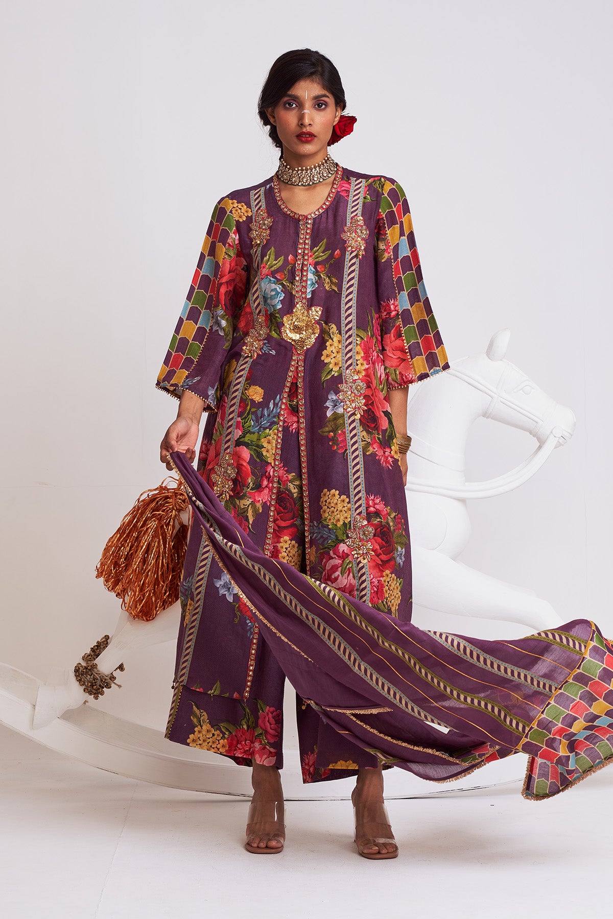 Floral stripe kurta set