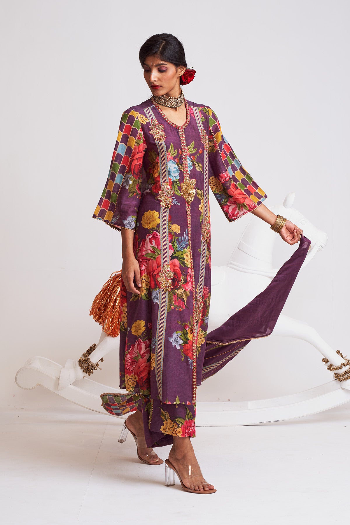 Floral stripe kurta set