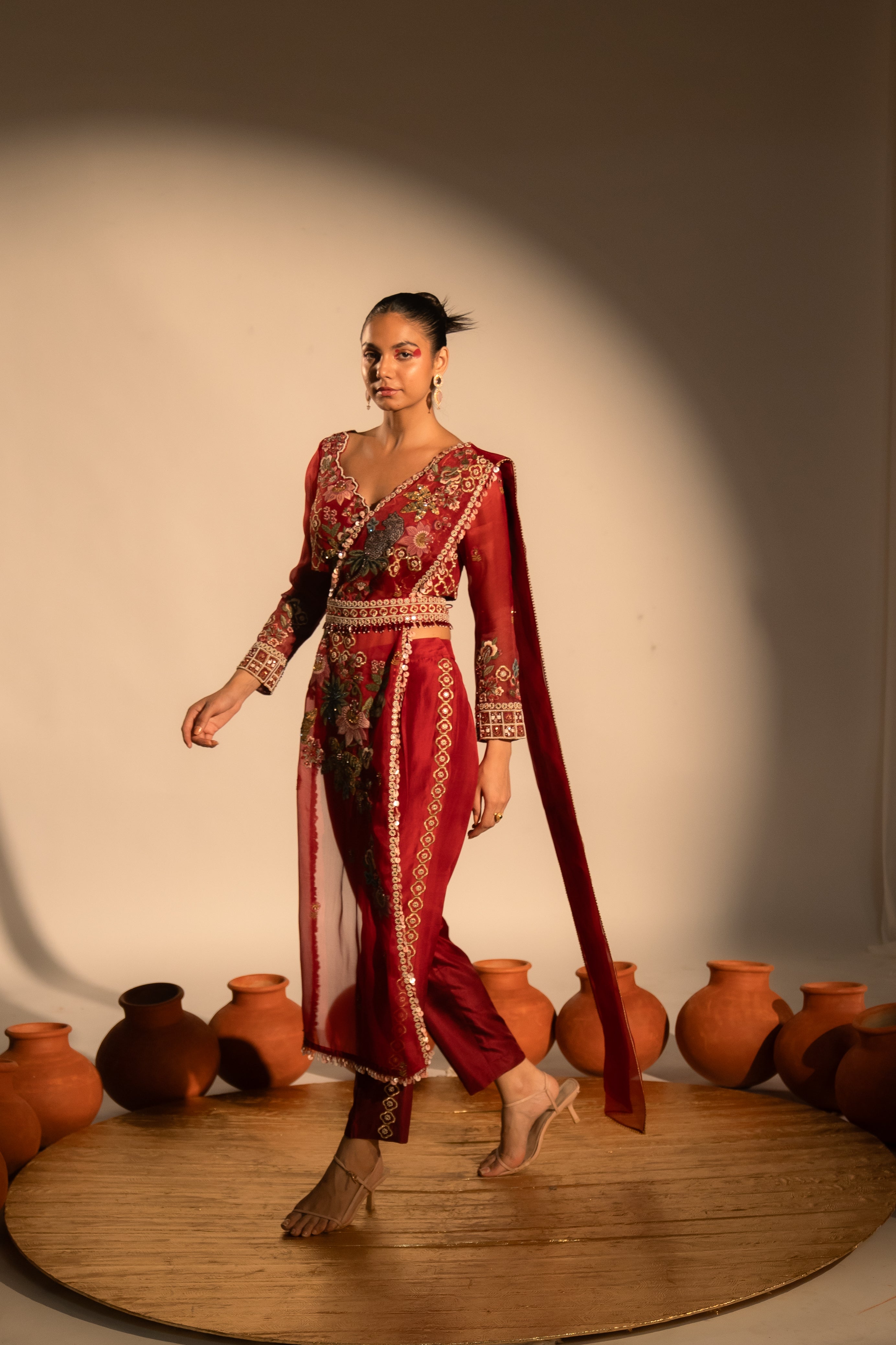 CHHAVVI AGGARWAL presents Raas Light Peach Pant Saree Set With Belt  exclusively at FEI