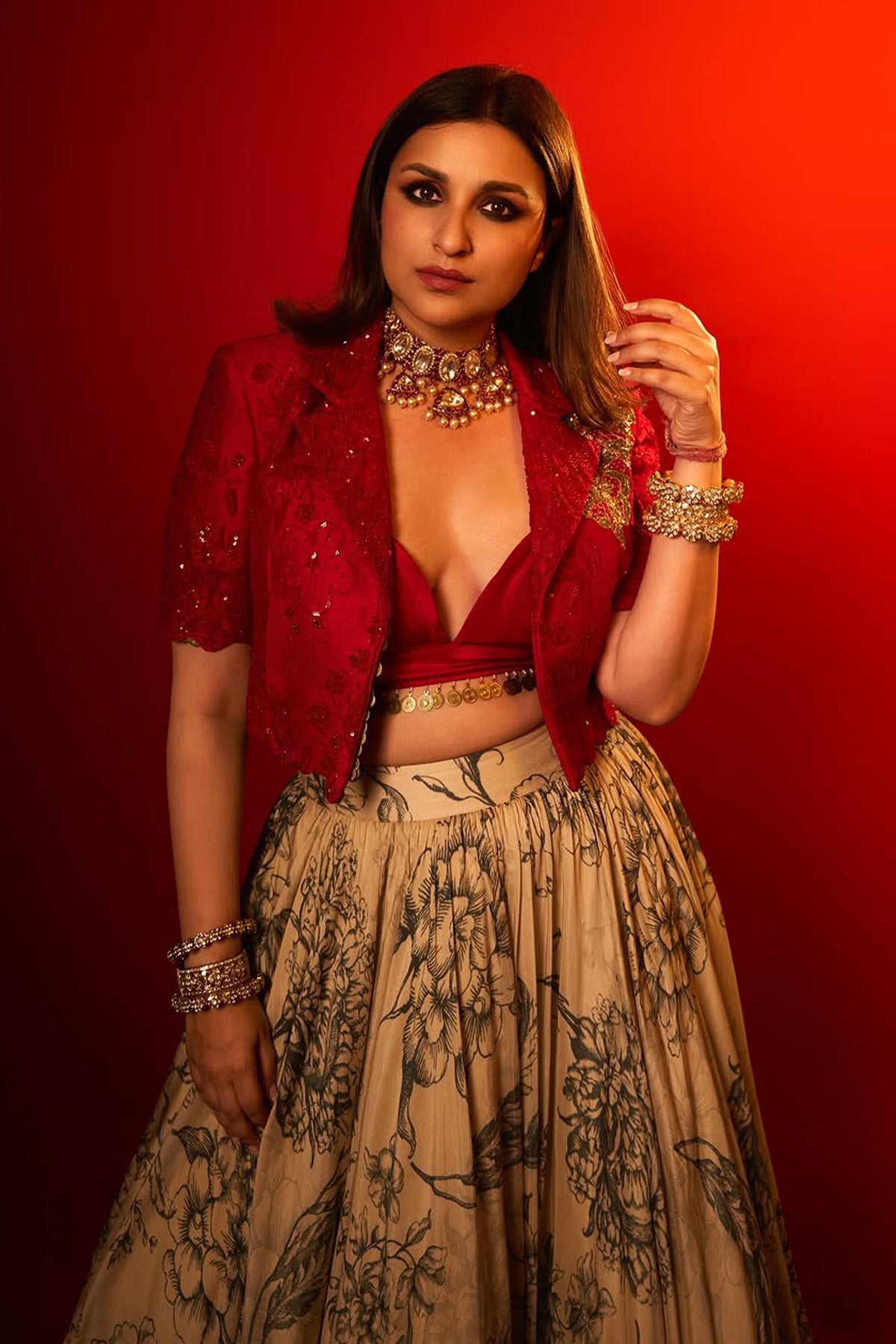 Parineeti Chopra in Crop blazer with printed lehenga set