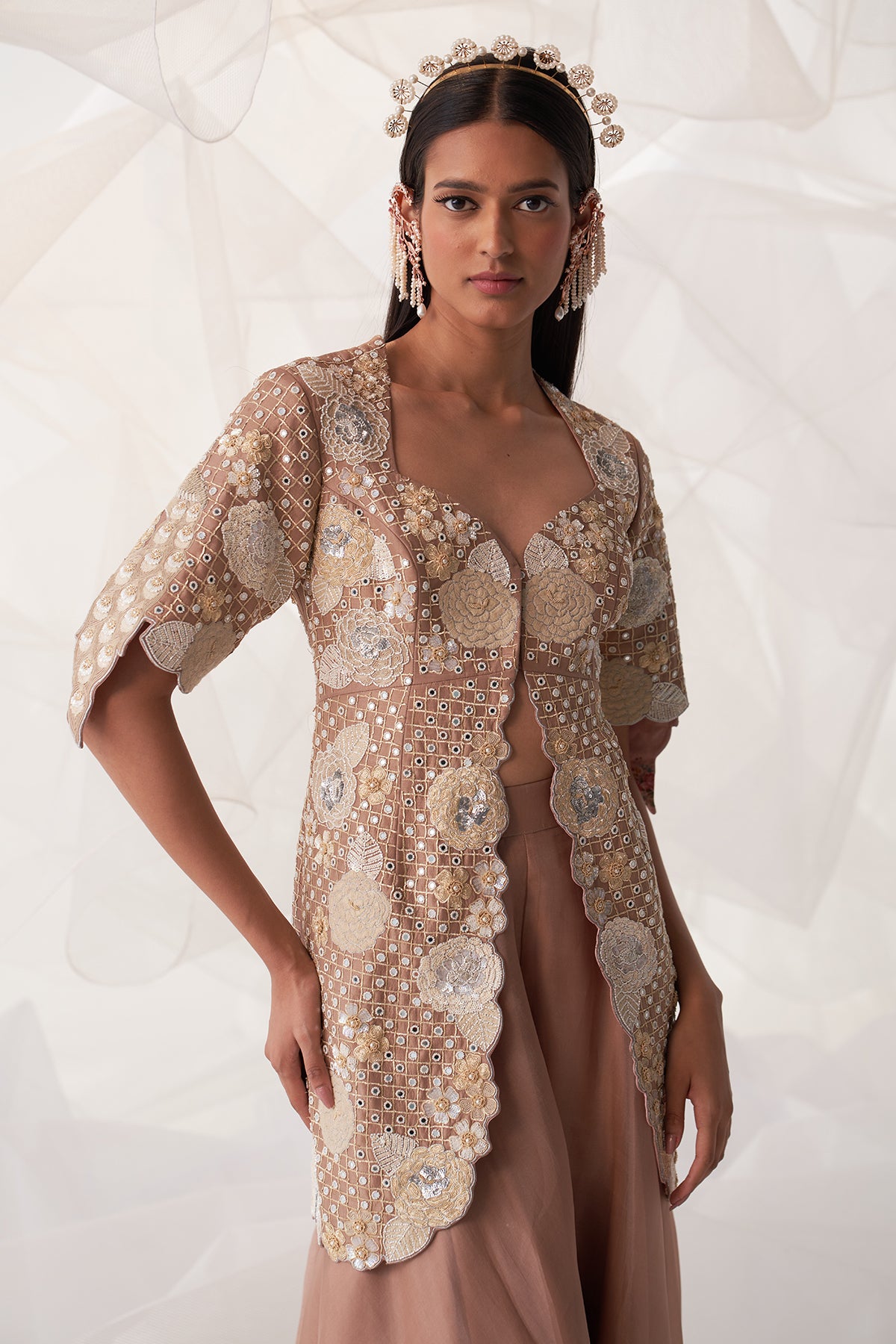 IVORY PEACOCK LONG JACKET SHARARA SET