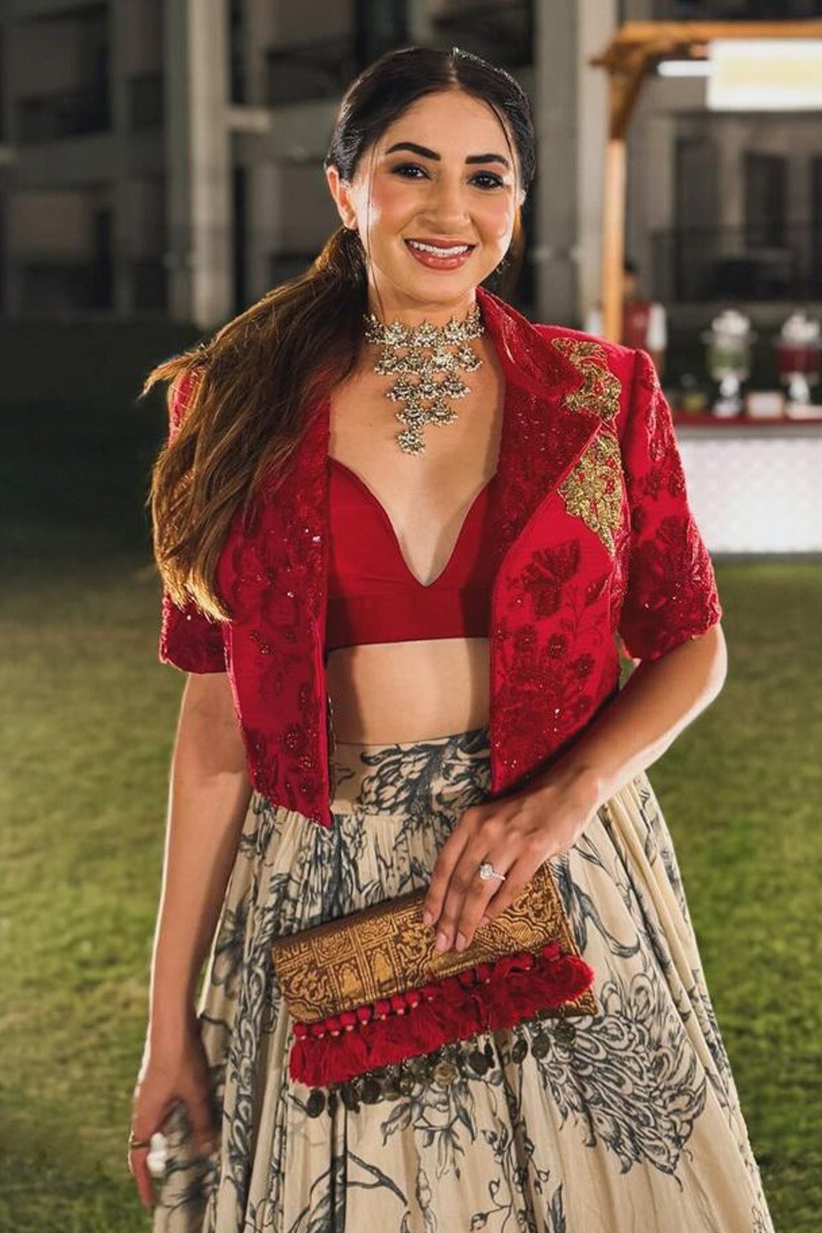 Aashna shroff in Crop blazer with printed lehenga set