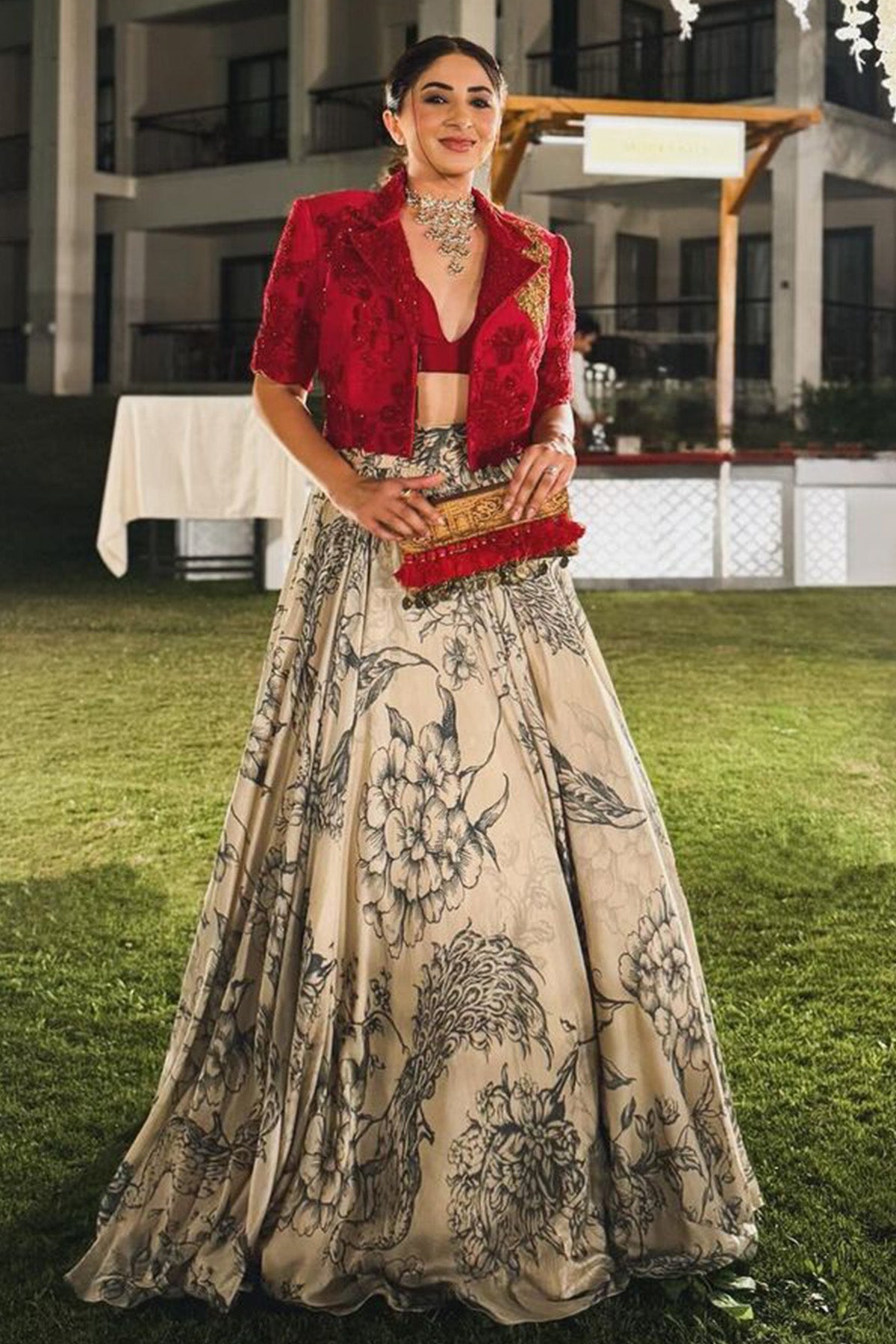 Aashna shroff in Crop blazer with printed lehenga set