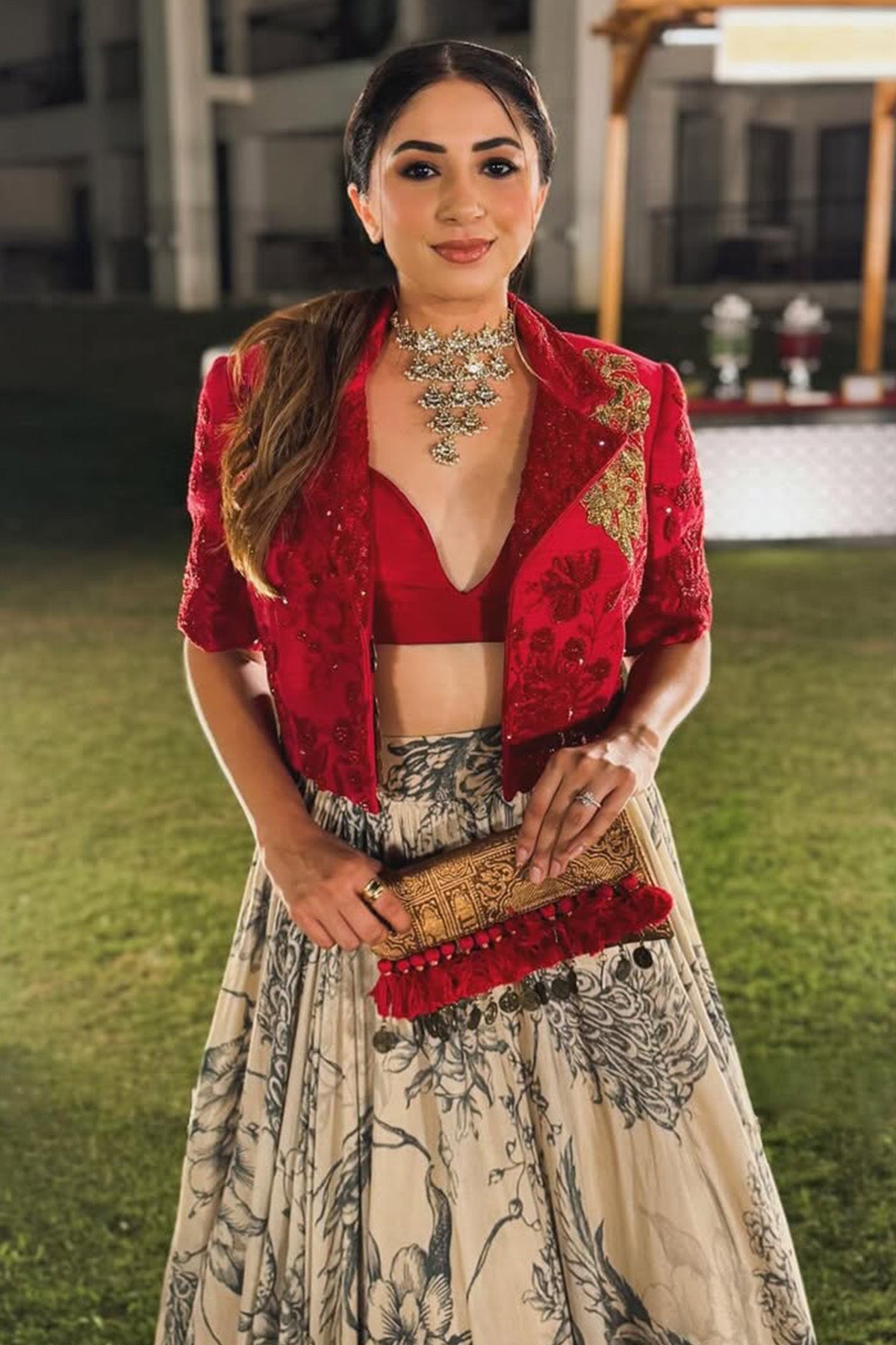 Aashna shroff in Crop blazer with printed lehenga set